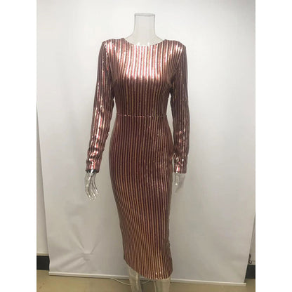 V-Neck Long Sleeve Mid-Length Striped Sequin Dress