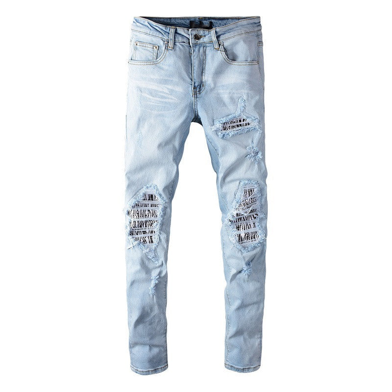 Folded Blue and White Leather Zipper Jeans