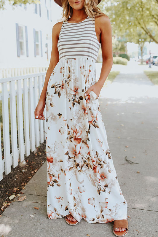 White Boho Stripes & Floral Print Floor Length Tank Dress - Babbazon Maxi Dresses