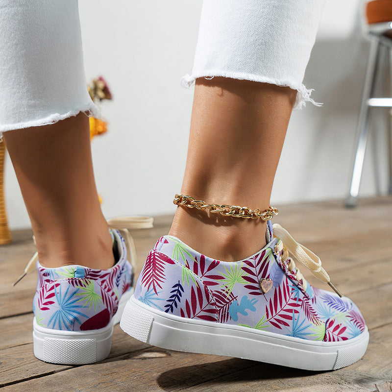 Canvas Shoes For Women Lace-Up Flats Leaves Print Casual Sneakers Round Toe Shoes 