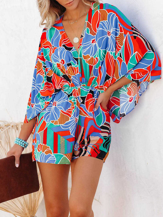 Tied Printed Kimono Sleeve Romper - Babbazon new