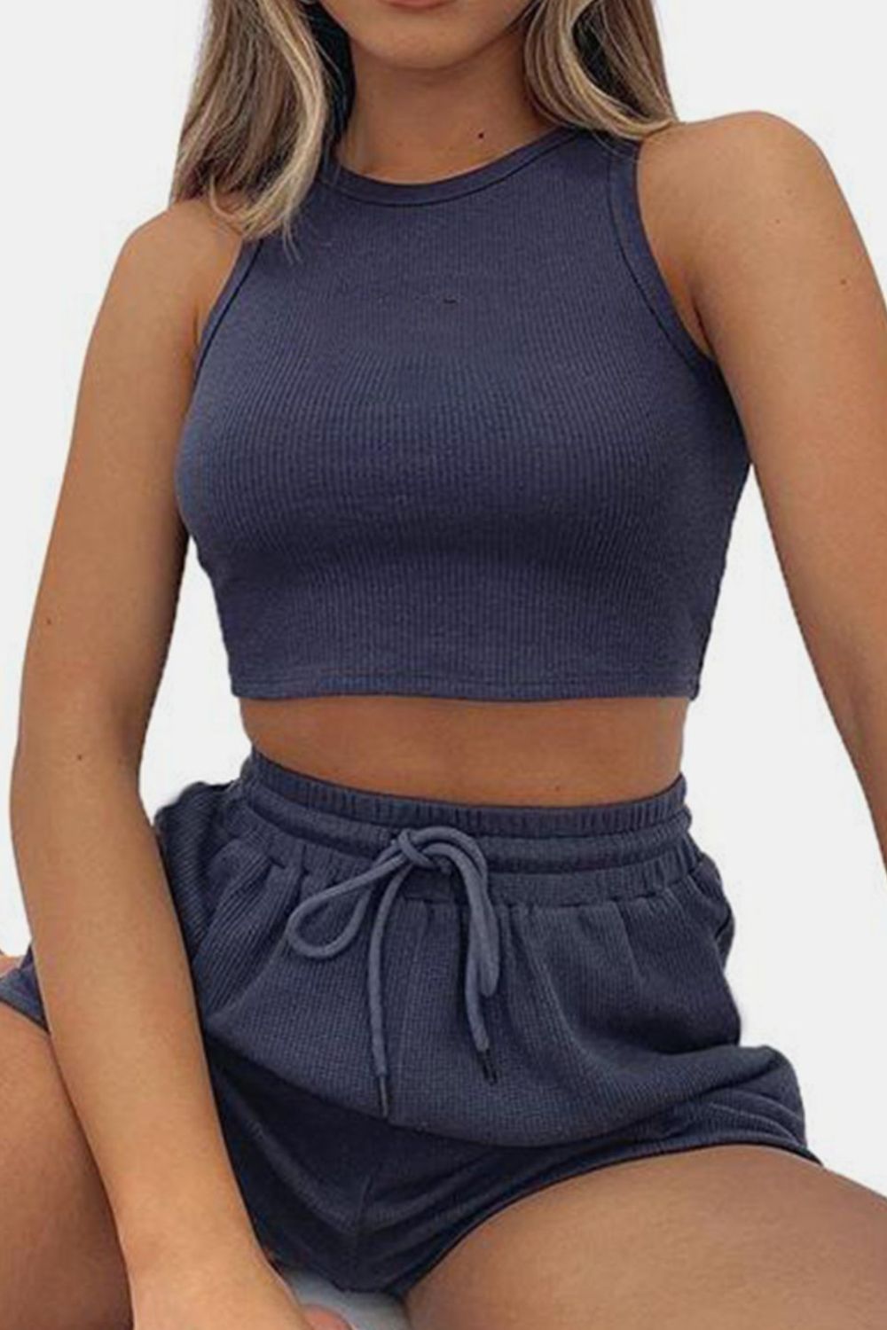 Round Neck Top and Drawstring Shorts Set - Babbazon New Products