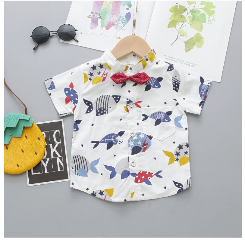 Fashion Toddler Infant Baby Kids Boys Short Sleeve Cartoon Printed Bow Tie Shirt Tops Solid Shorts Gentlement Outfits Set # p4