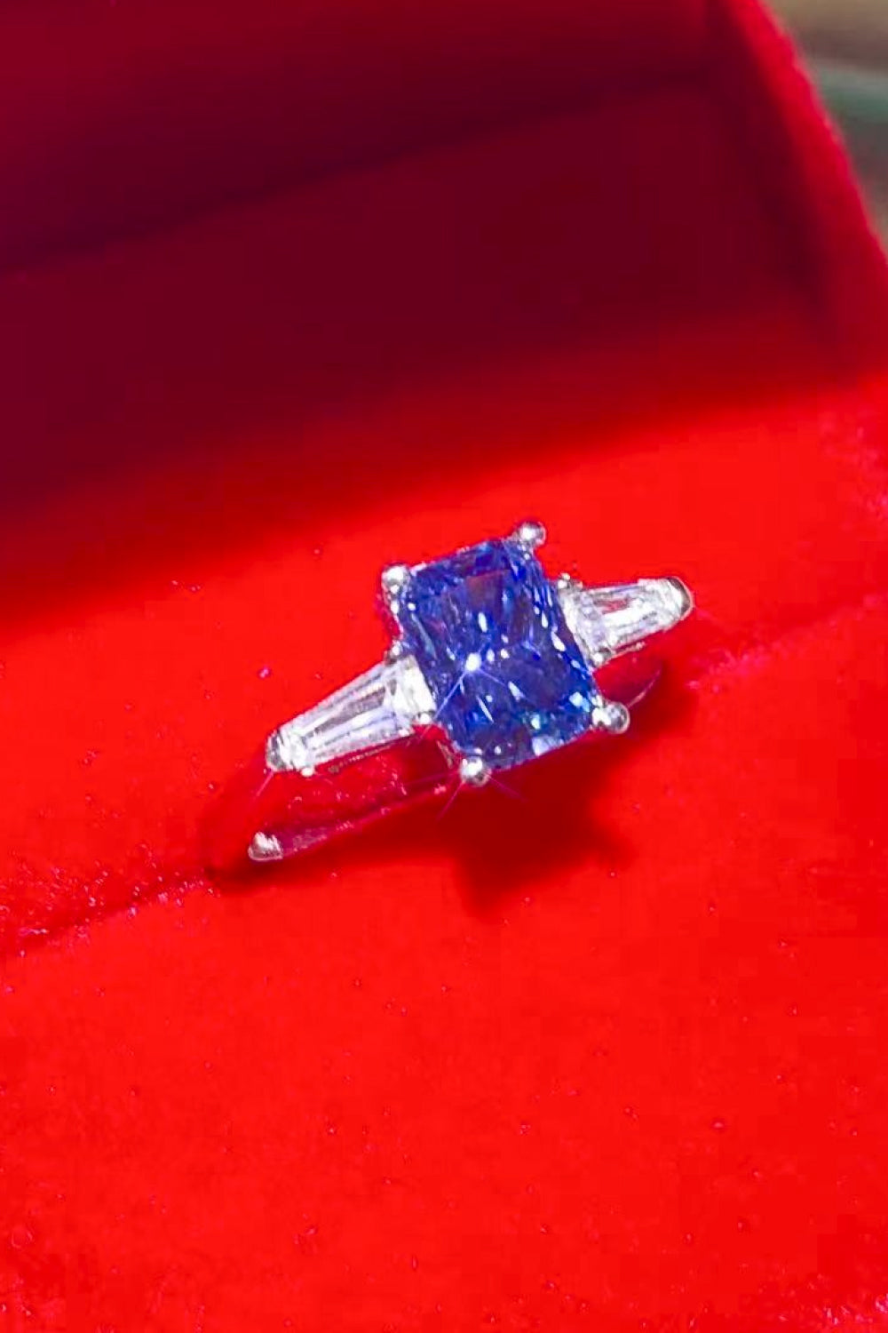 1 Carat Moissanite Platinum-Plated Rectangle Ring in Blue 