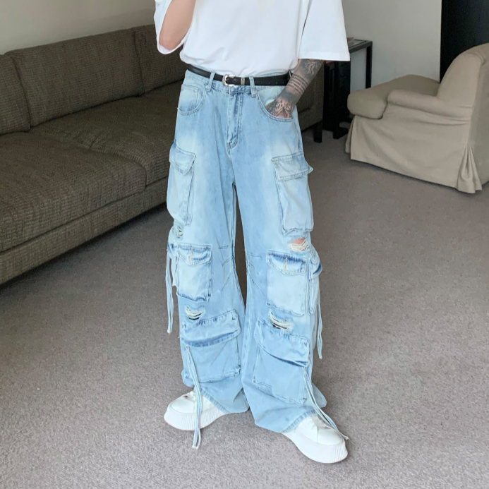 Multi-pocket Heavy Industry Jeans Men's Loose Straight Wide Leg Trousers Do Old Overalls