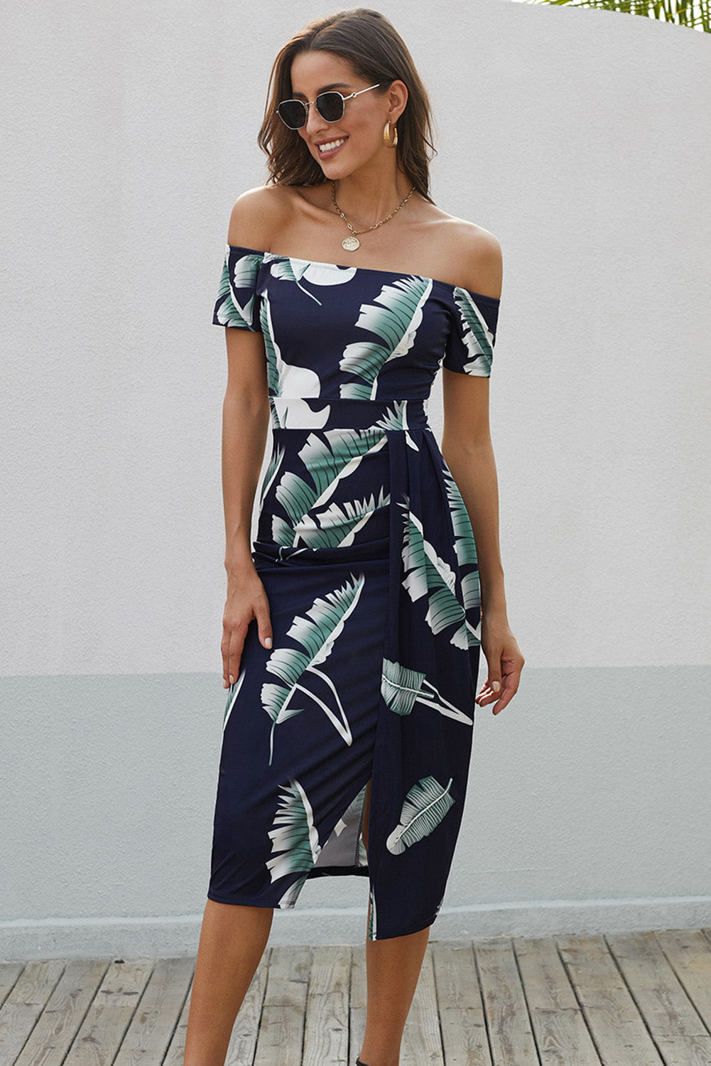 Slit Printed Off-Shoulder Midi Dress - Babbazon Midi Dress