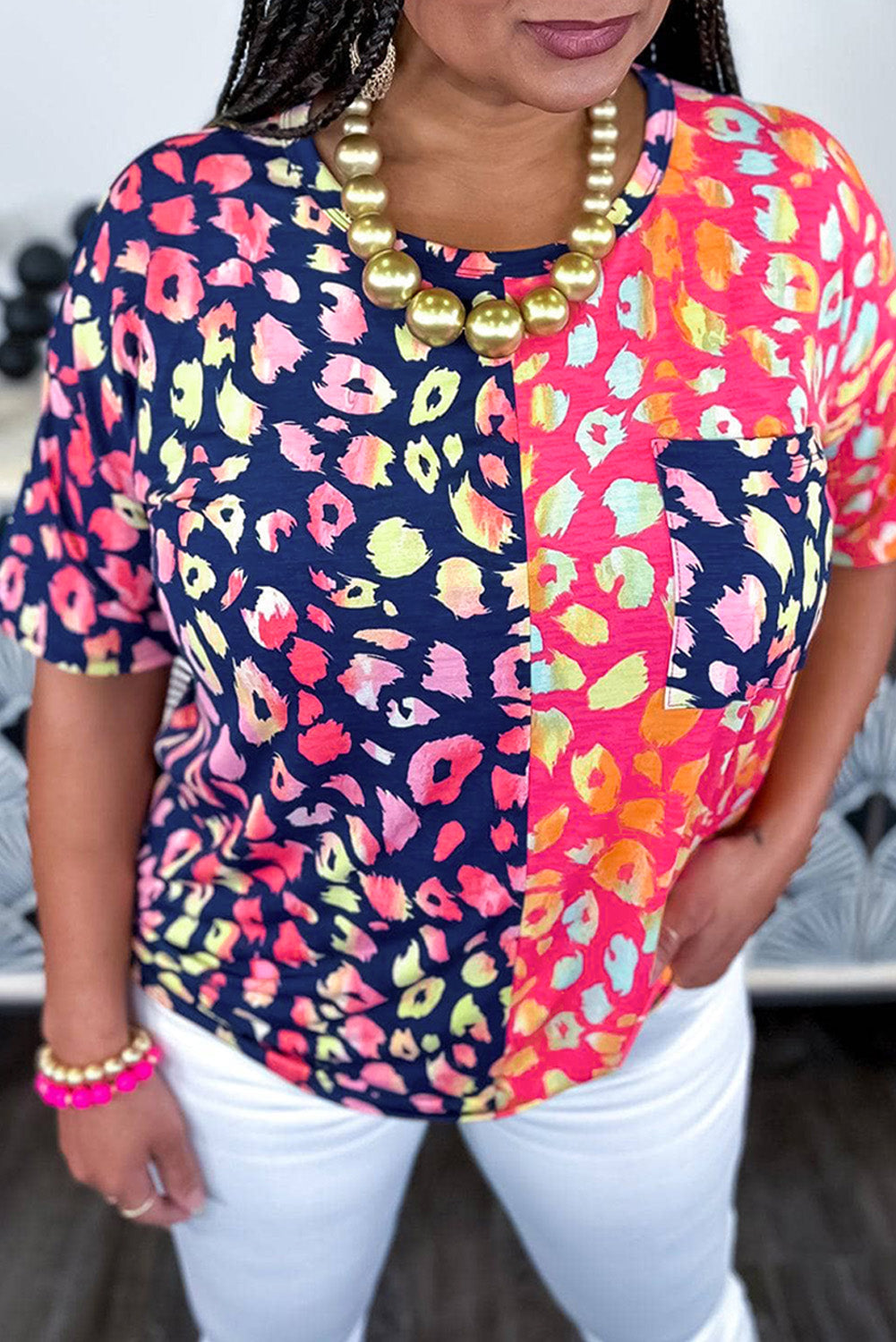 Leopard Colorblock Short Sleeve Plus Size Top - Babbazon Plus Size Tops