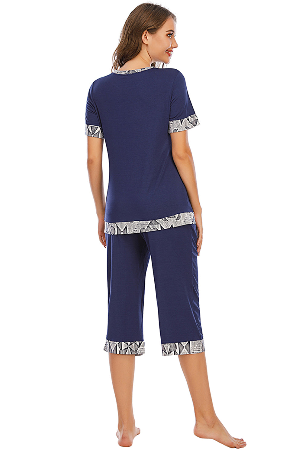 Round Neck Short Sleeve Top and Capris Pants Lounge Set 