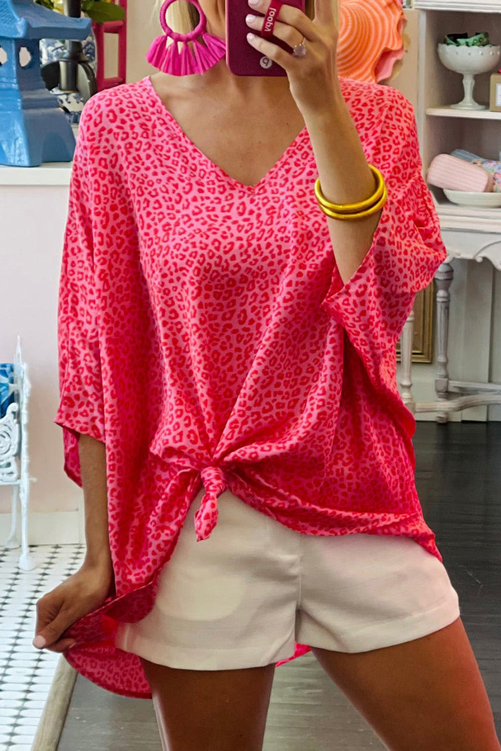 Rosy Leopard Print Oversized Casual Half Sleeve V Neck Top - Babbazon Blouses