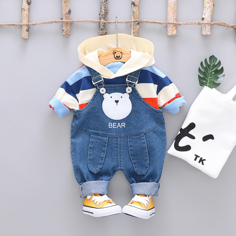 Boys Suit Rainbow Hood Long Sleeved Sweater Denim Overalls