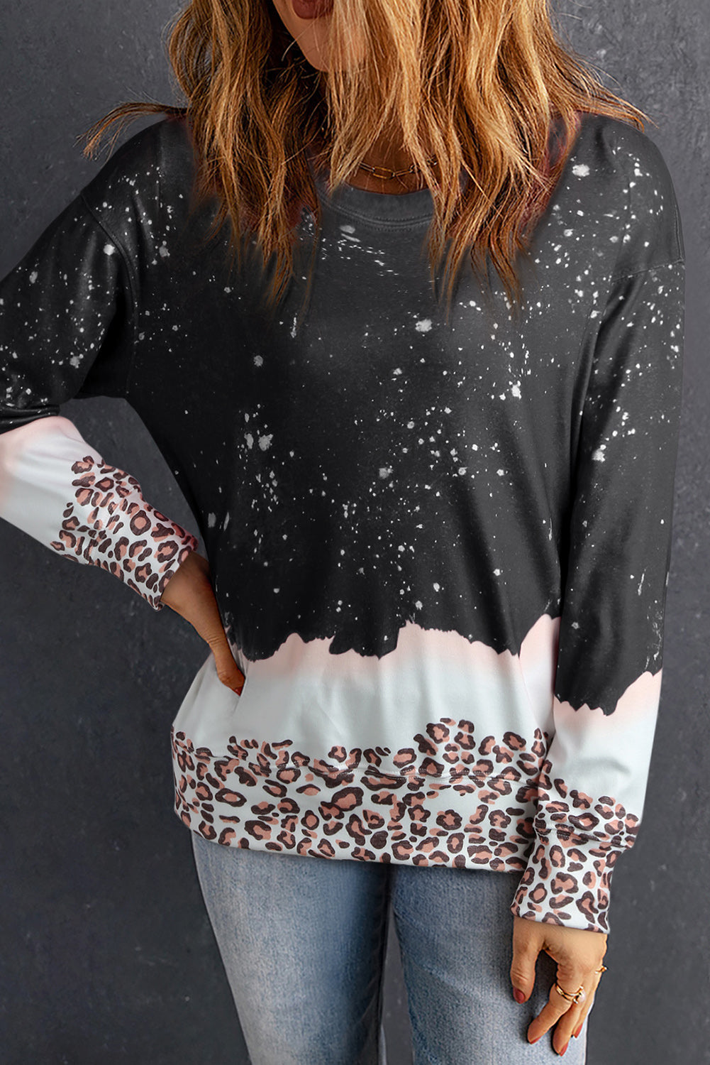 Black Leopard Print Tie Dye Crewneck Oversized Sweatshirt - Babbazon Sweatshirts & Hoodies