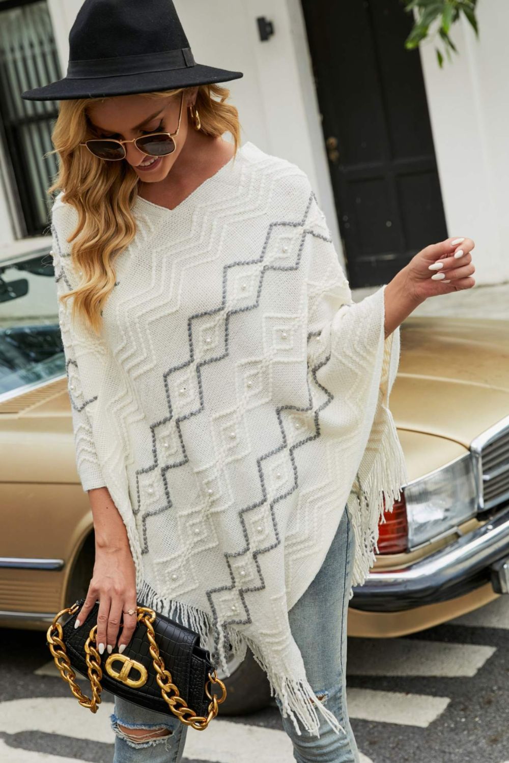 Pearl Trim V-Neck Fringe Hem Poncho 