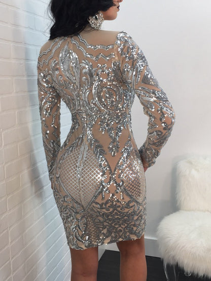 Sexy High Neck Long Sleeve Sequin Elegant Party Dress