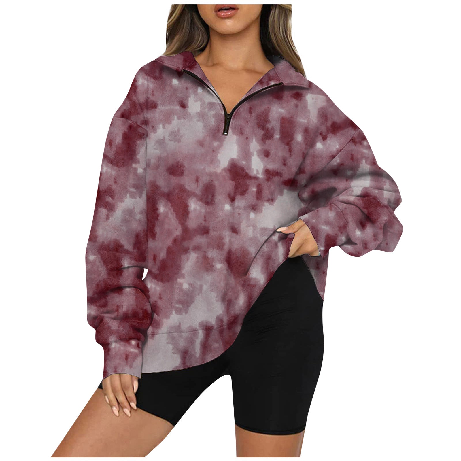 Tie Dye Printed Zippered Lapels Sweatshirt Womens Clothing Long Sleeve Loose Pocketless Top 