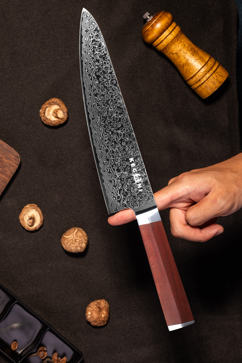 Kegani 8 Inch Japanese Kiritsuke Chef Knife - Japanese 73 Layers VG-10 Damascus Knife - Rosewood FullTang Handle Natural Texture Japanese Knife Sushi Knife Gyuto Knife 