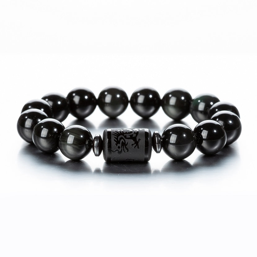 Obsidian Frosted Dragon and Phoenix Buddha Bead Bracelet