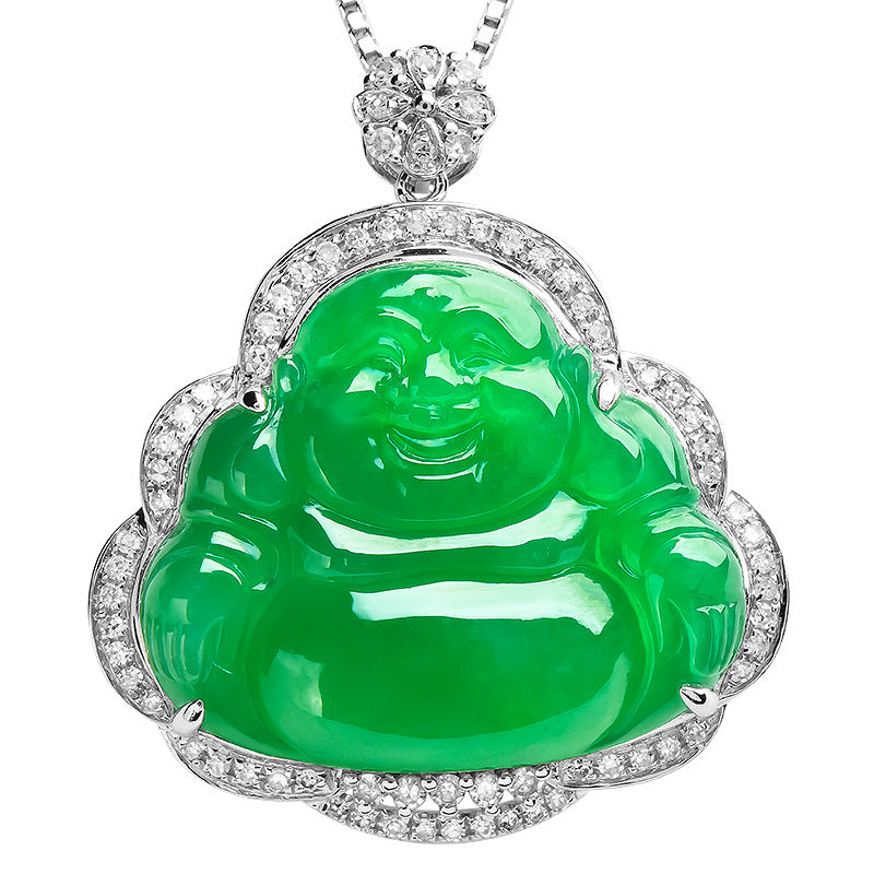 Female Natural Jade Green Maitreya Buddha Guanyin Pendant Necklace