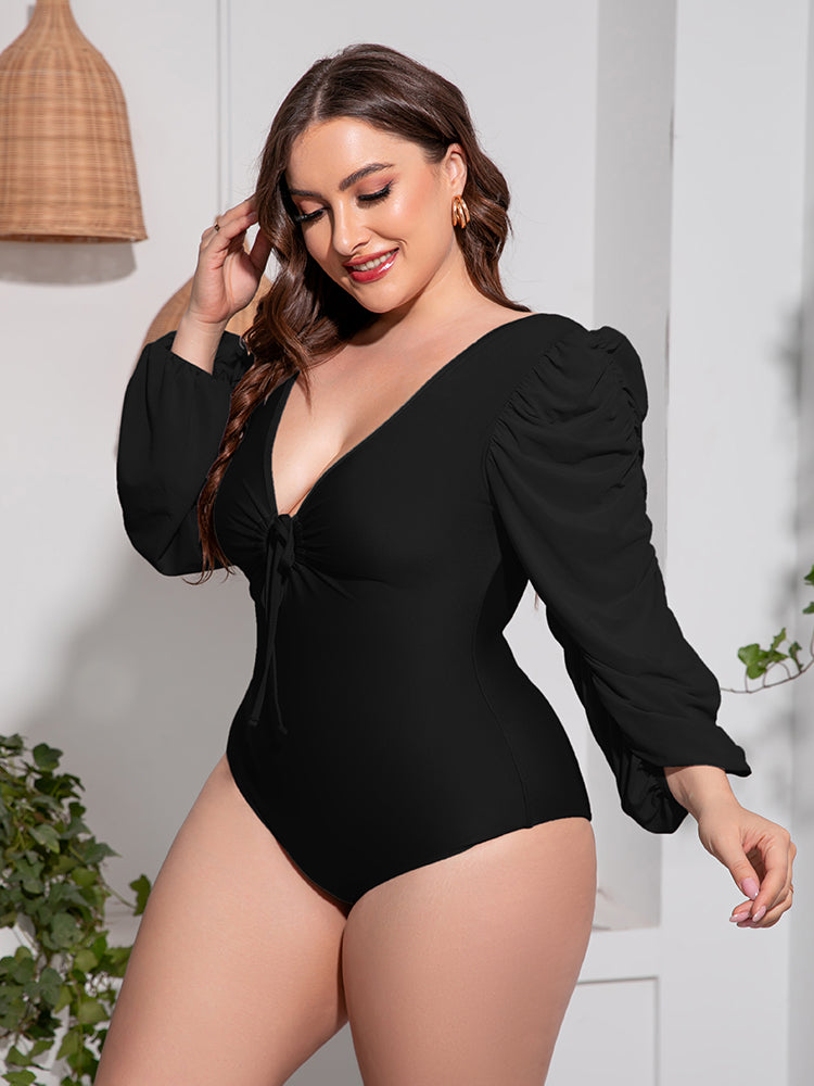 Plus Size Tied Deep V Balloon Sleeve One-Piece Swimsuit 