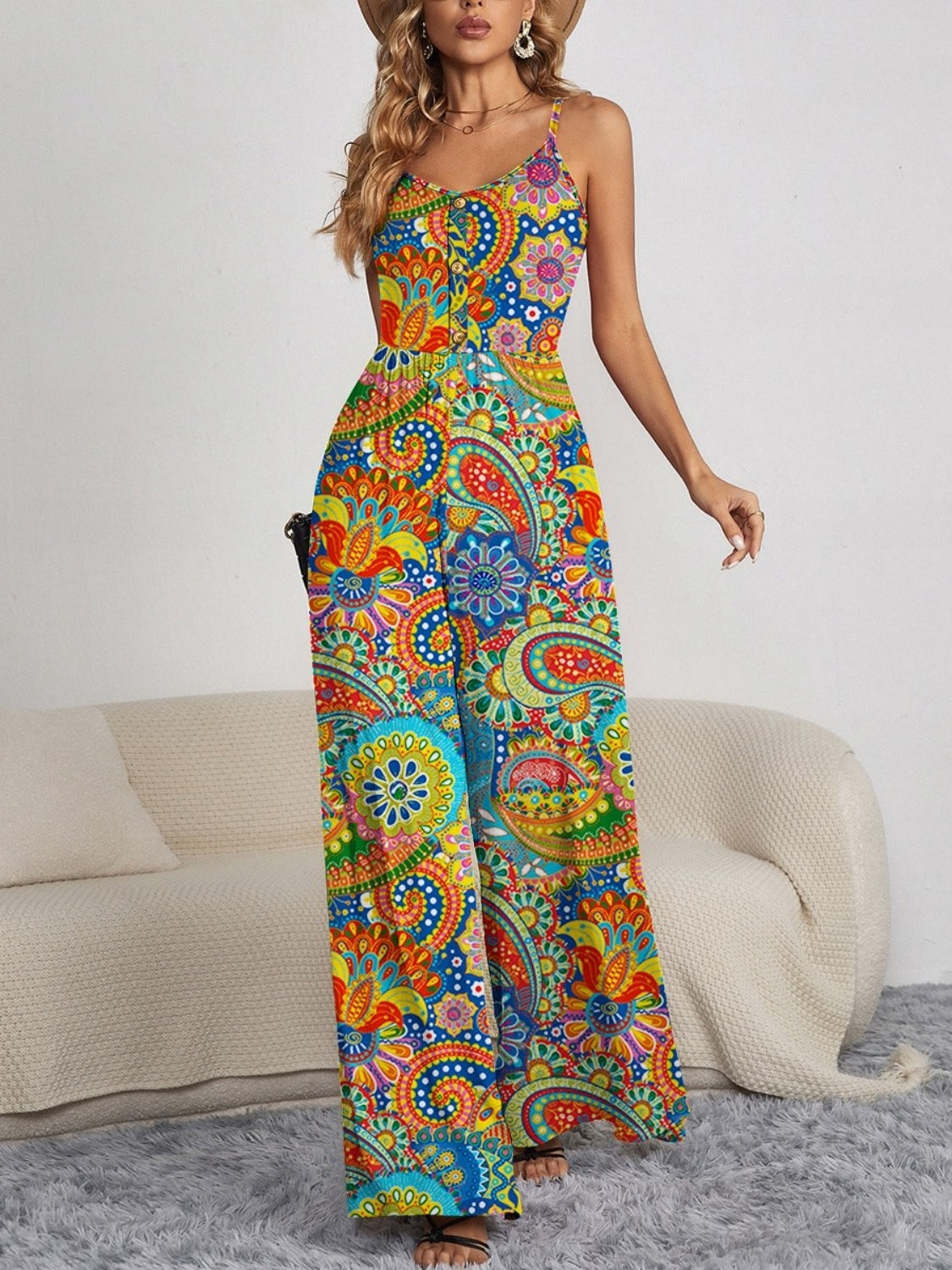 Decorative Button Spaghetti Strap Wide Leg Jumpsuit - Babbazon new