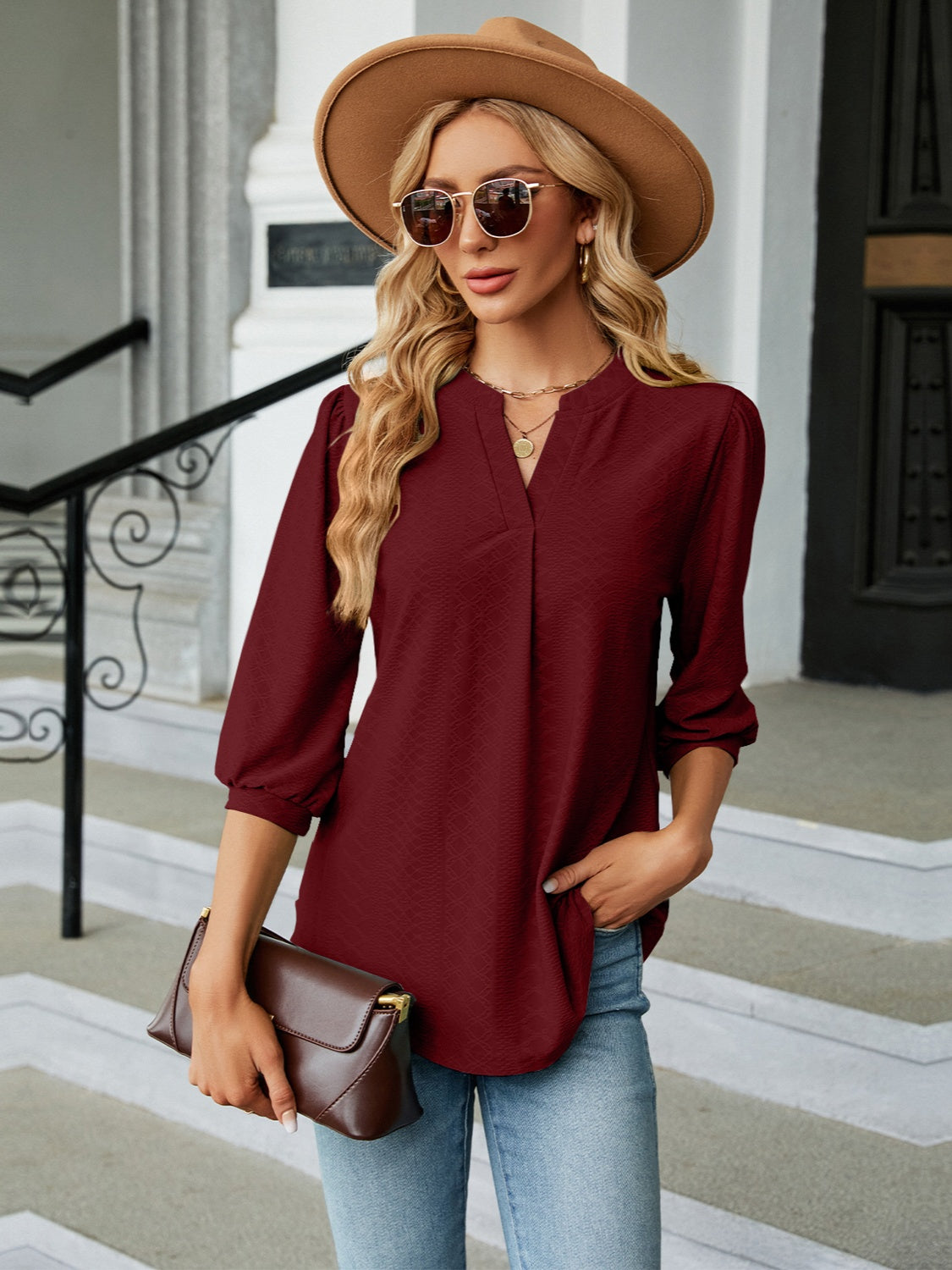 Textured Notched Three-Quarter Sleeve Blouse