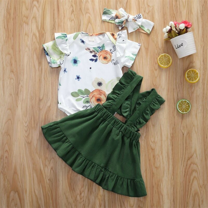 Three-piece Set Of Short-sleeved Flower Blouse, Suspender Skirt And Headband