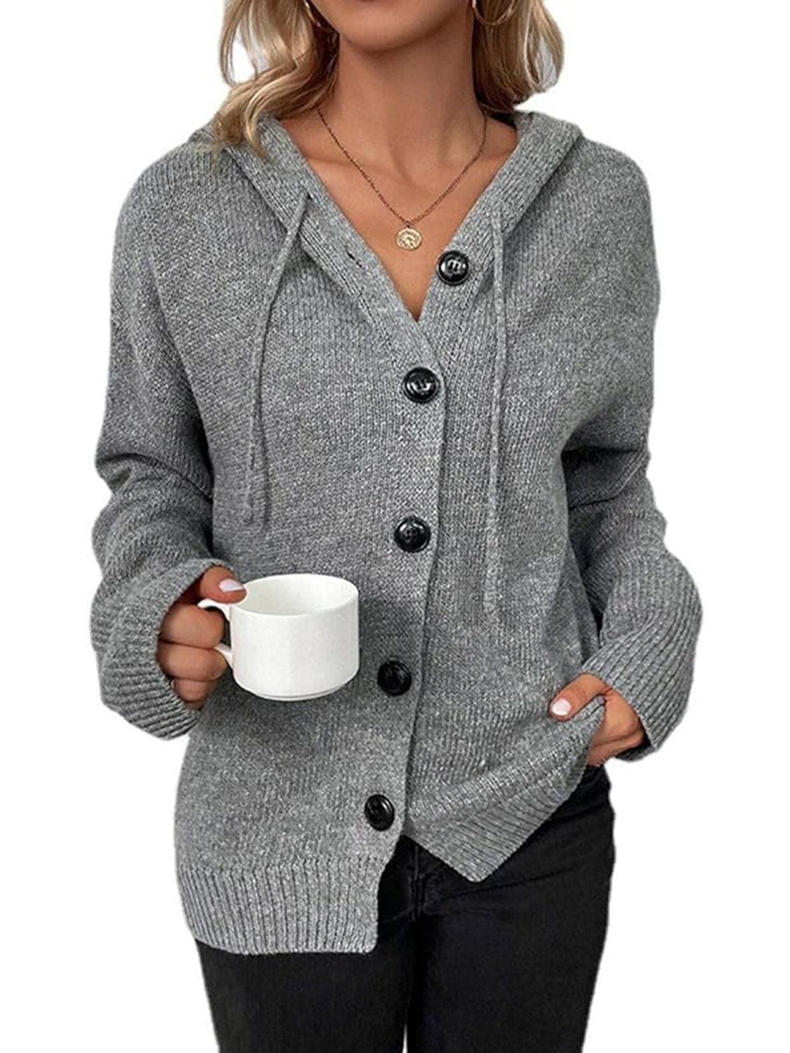 Button Up Drawstring Long Sleeve Hooded Cardigan 