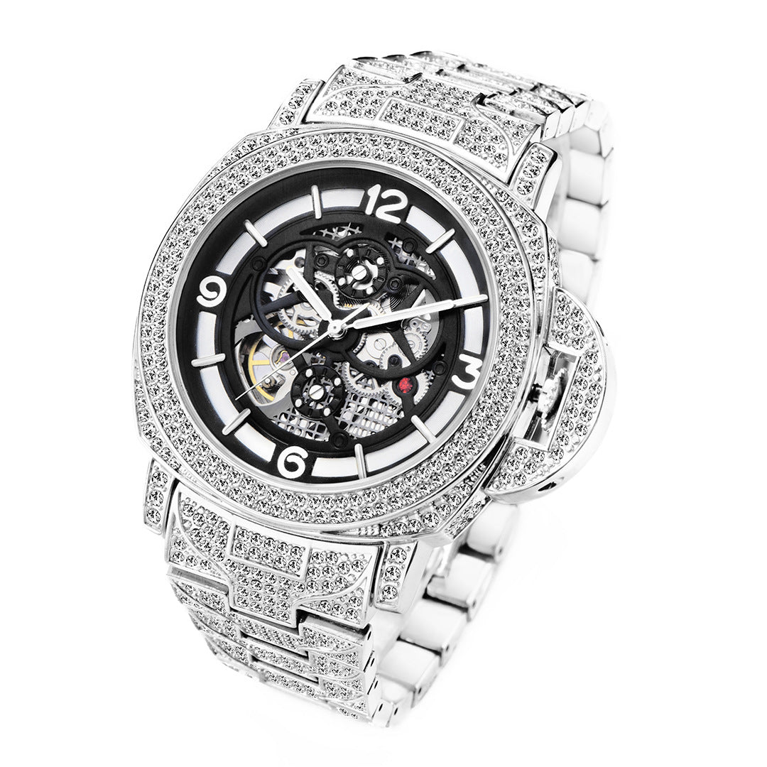 Men's Full Diamond Luminous Hollow Out Bottom Mechanical Watch