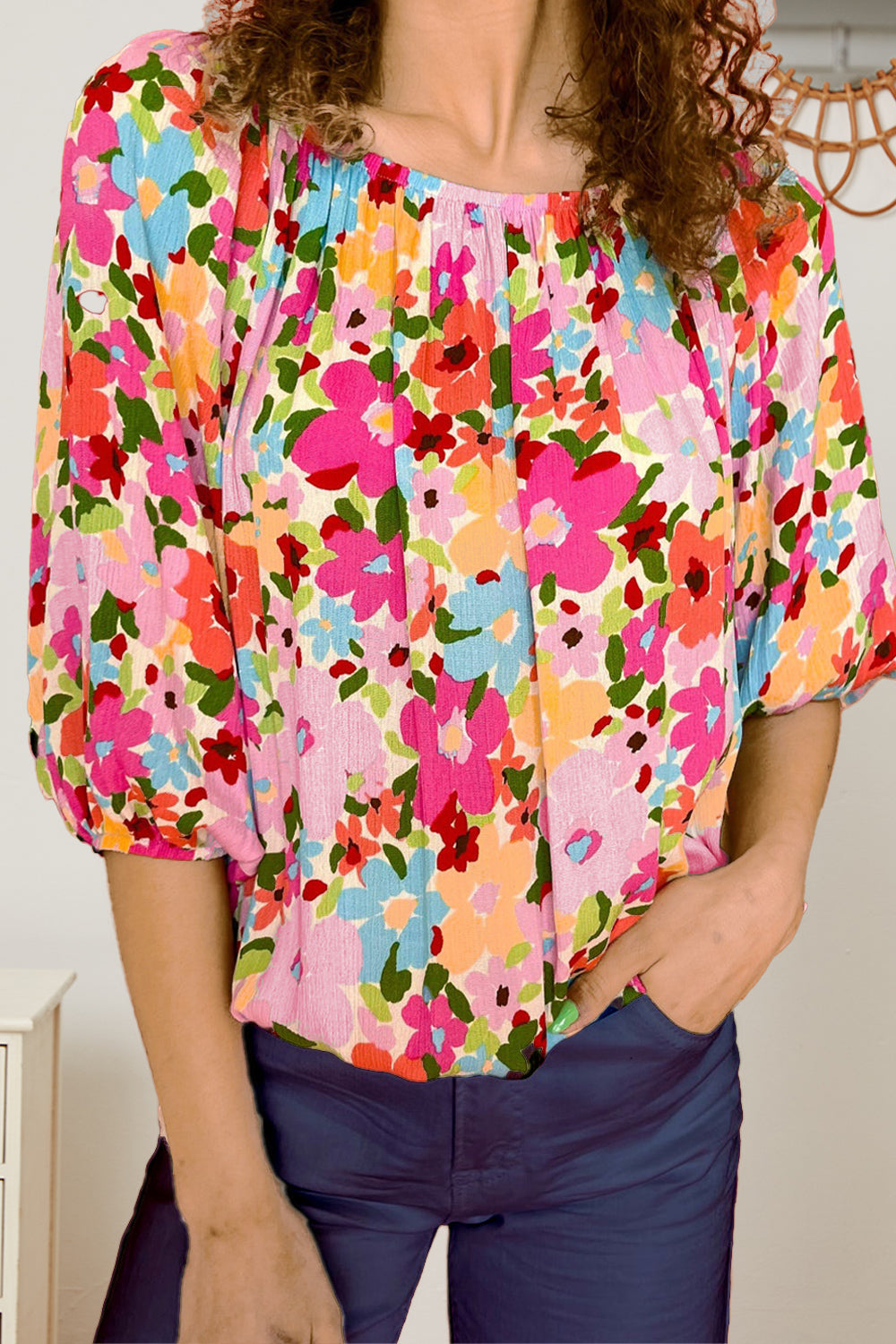 Printed Round Neck Half Sleeve Blouse - Babbazon New Products