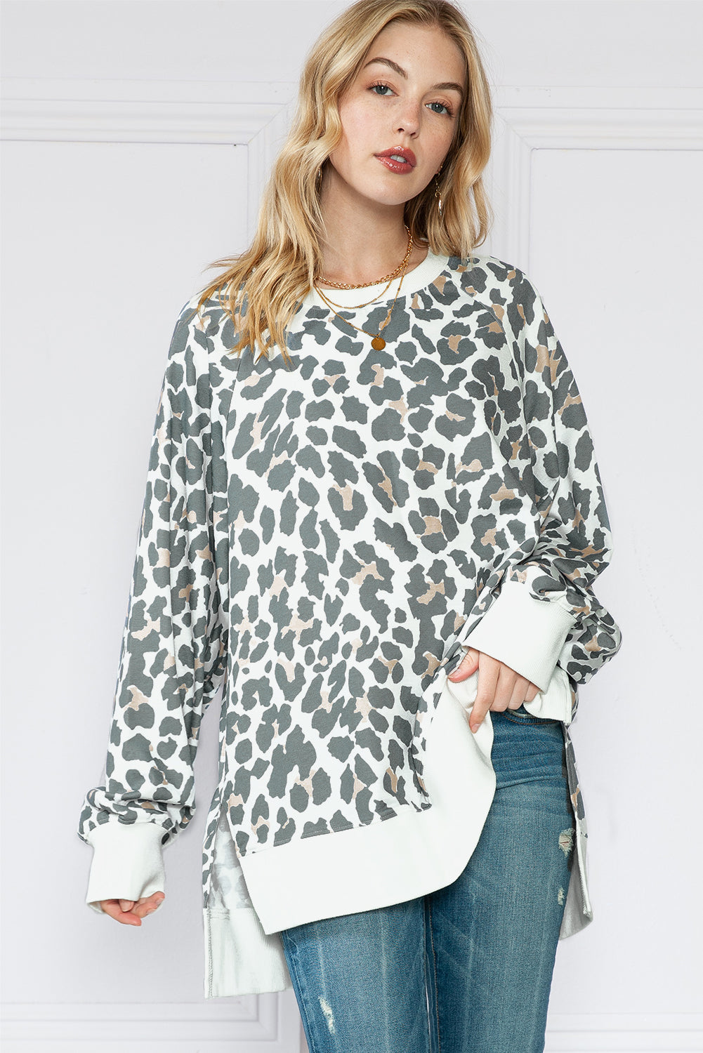 White Leopard Contrast Trim Long Sleeve Top - Babbazon Long Sleeve Tops