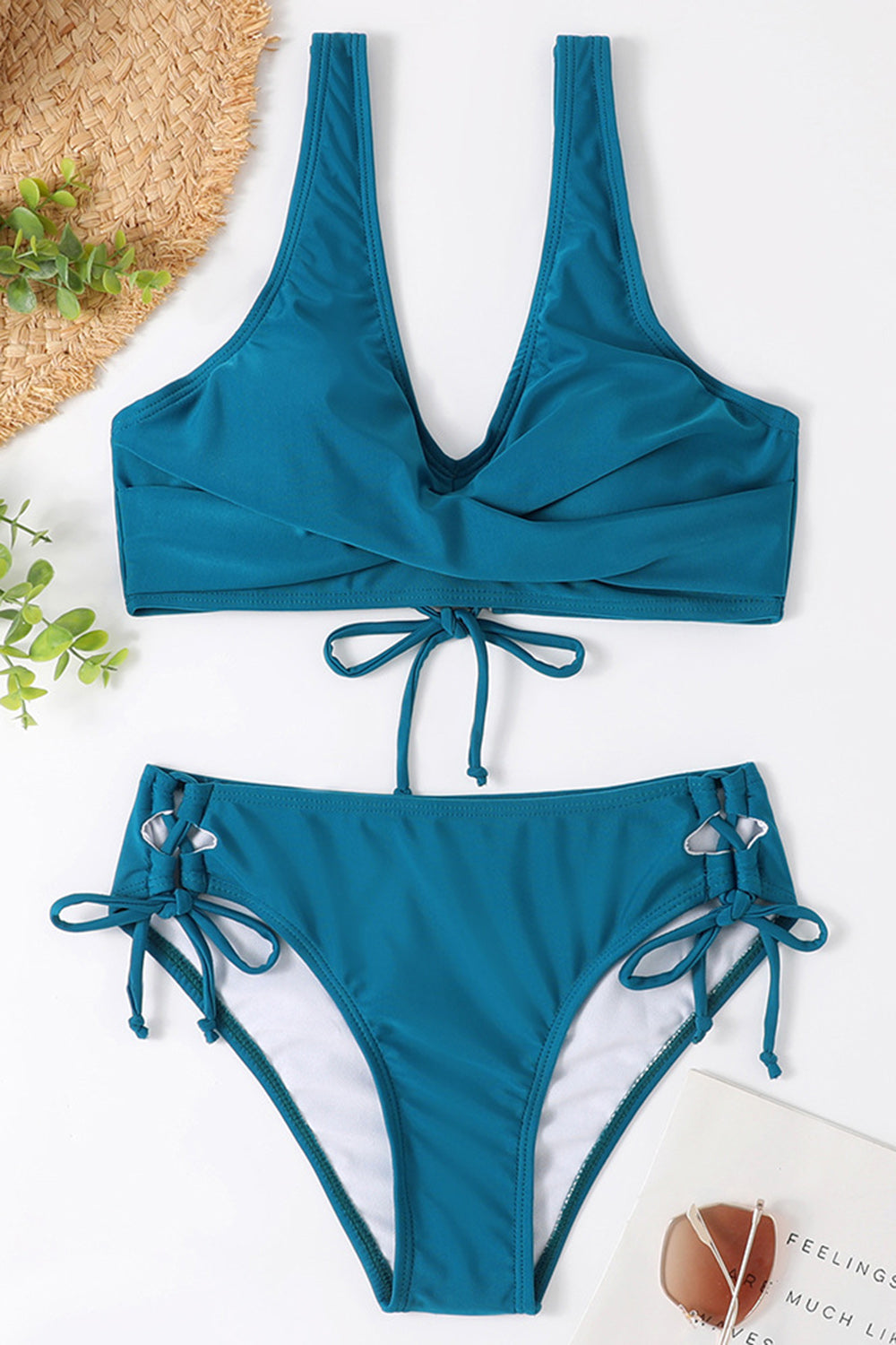 Ruched Lace-Up Wide Strap Two-Piece Bikini Set 