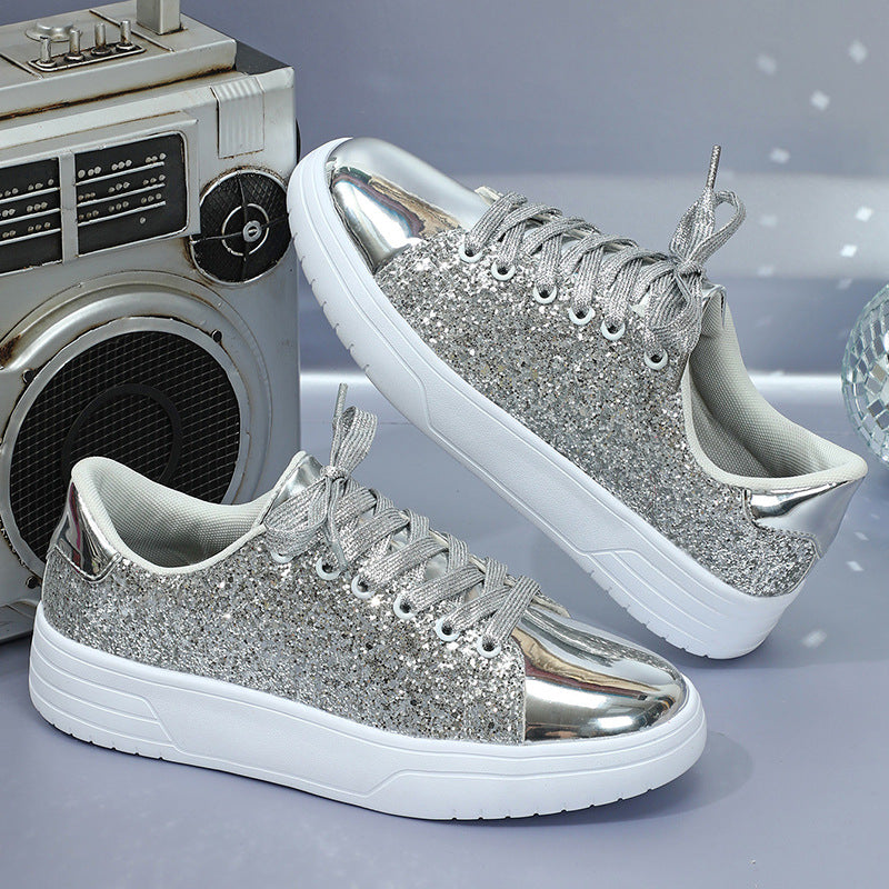 Glitter Sequin Design Flats Shoes Women Trendy Casual Thick-soled Lace-up Sneakers Fashion Skateboard Shoes 