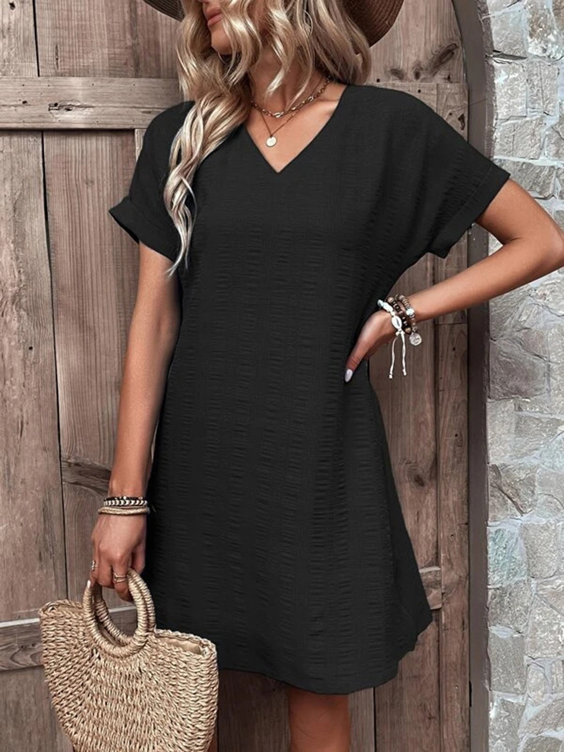 Full Size V-Neck Short Sleeve Mini Dress - Babbazon New Products