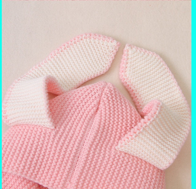 Three-dimensional Bunny Ears Hooded Knitted Romper