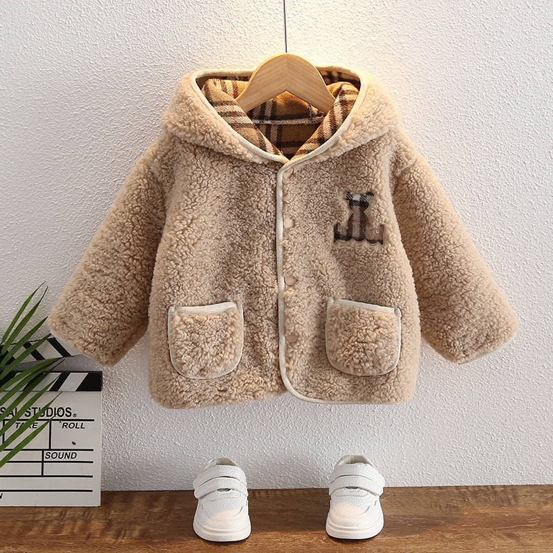 Children's Thick Woolen Hooded Button Coat