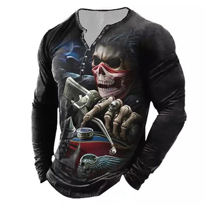 European And American Vintage Print Seven Button Open Placket Skull Long Sleeve T-shirt