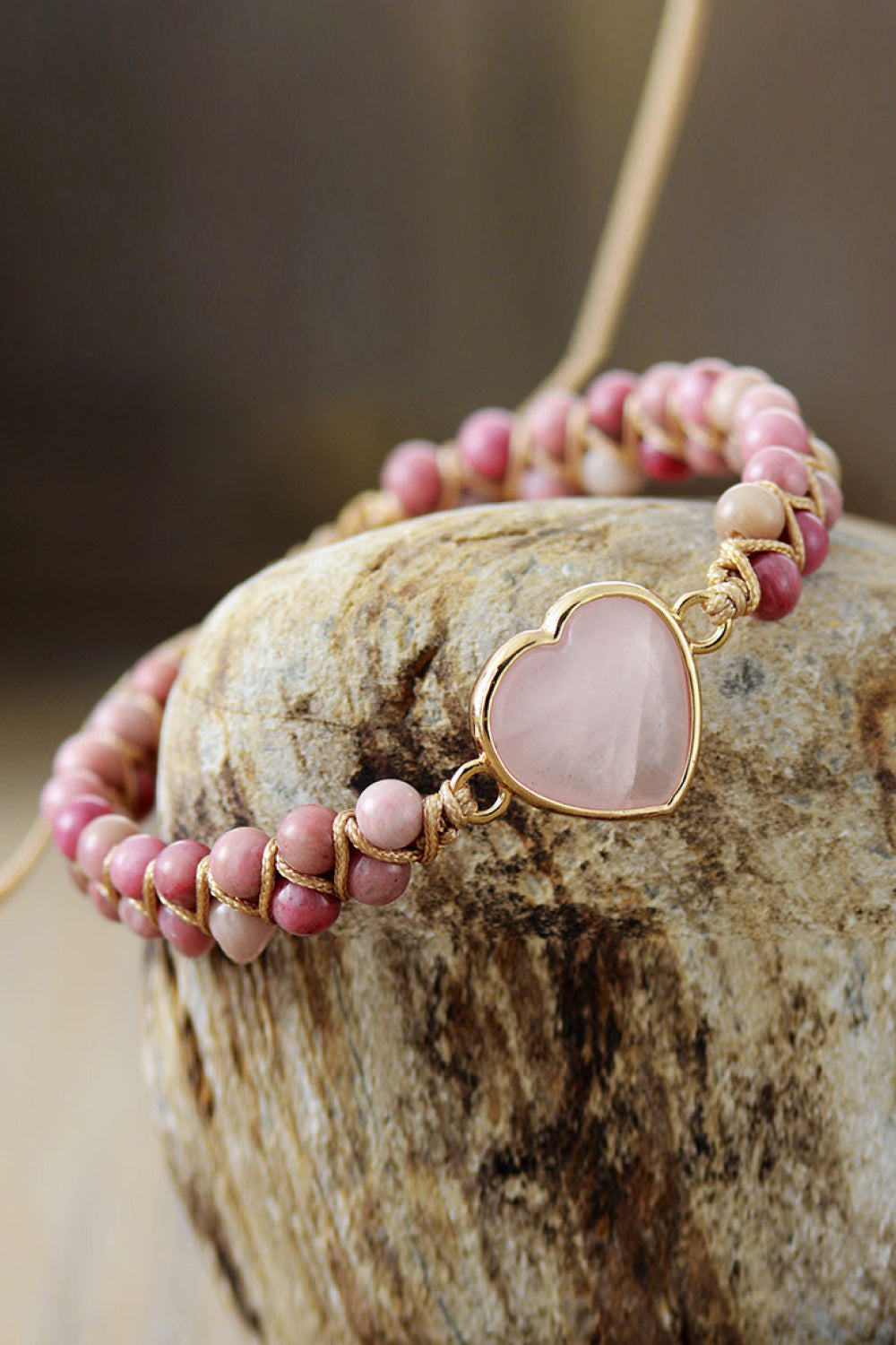 Rose Quartz Heart Beaded Bracelet 