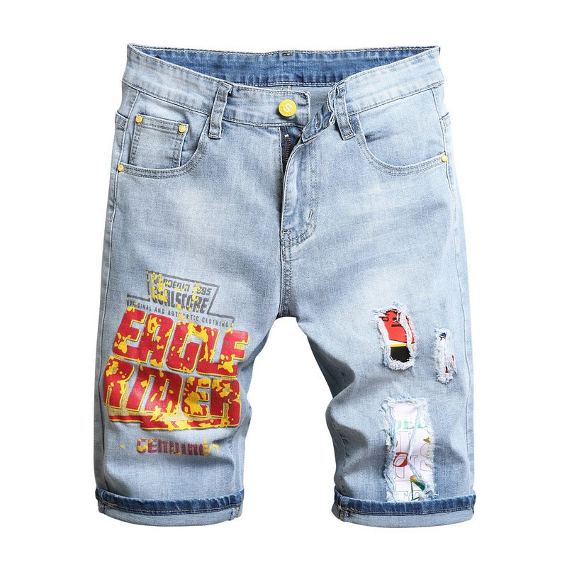 Stretch Denim Shorts Men's Five-point Pants Embroidery