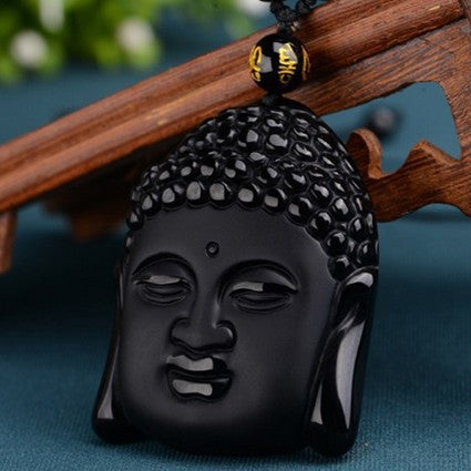 Obsidian Buddha Head Pendant Crystal Necklace Beads Couple Jewelry Sweater Chain