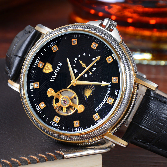 379 YAZOLE semi automatic hollow Tourbillon mechanical watch fashion business Mens Waterproof luminous mechanical watch