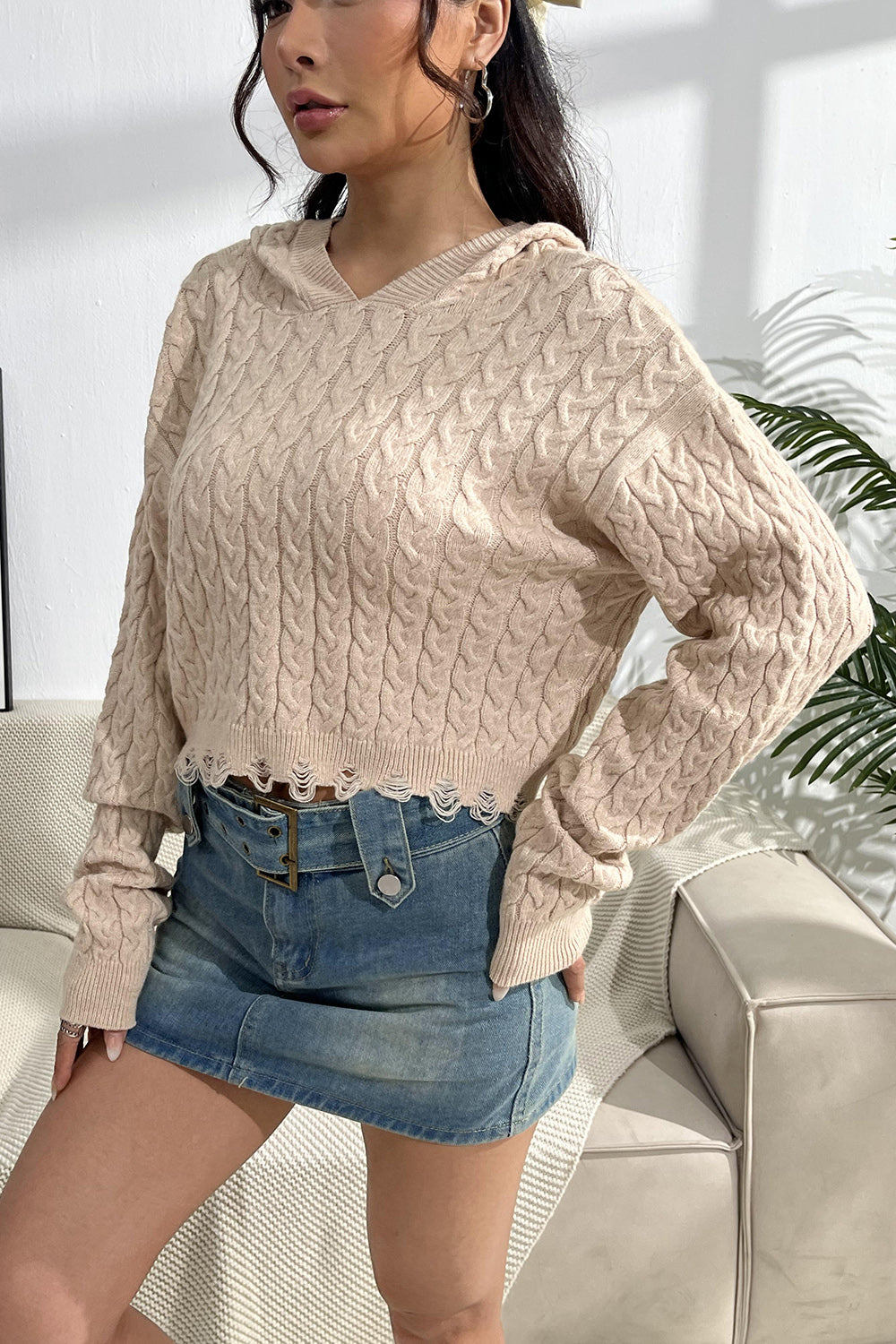 Cable-Knit Dropped Shoulder Hooded Sweater 