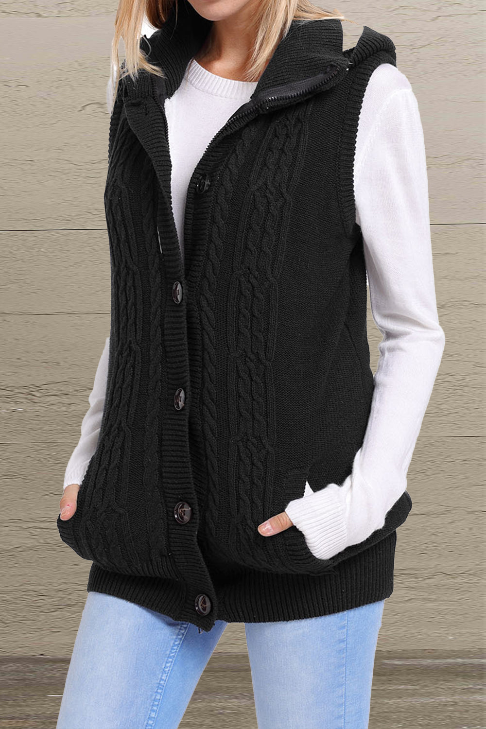 Button and Zip Closure Hooded Sweater Vest - Babbazon new