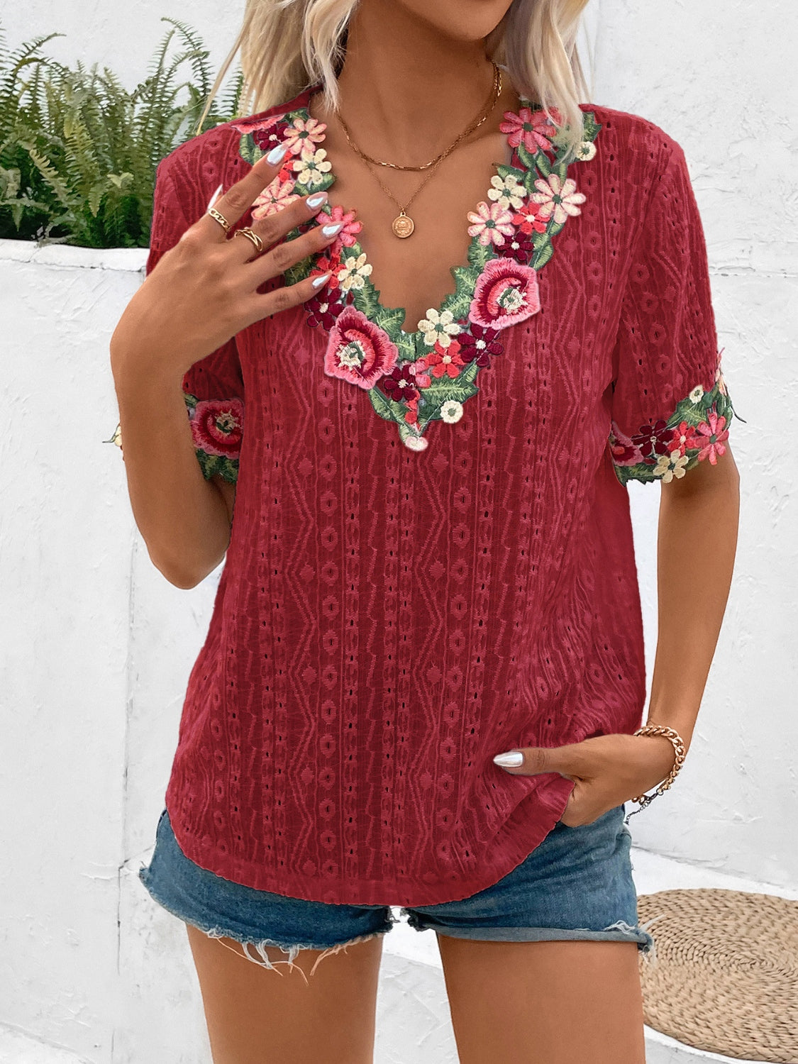 Eyelet Embroidered V-Neck Short Sleeve Blouse - Babbazon new