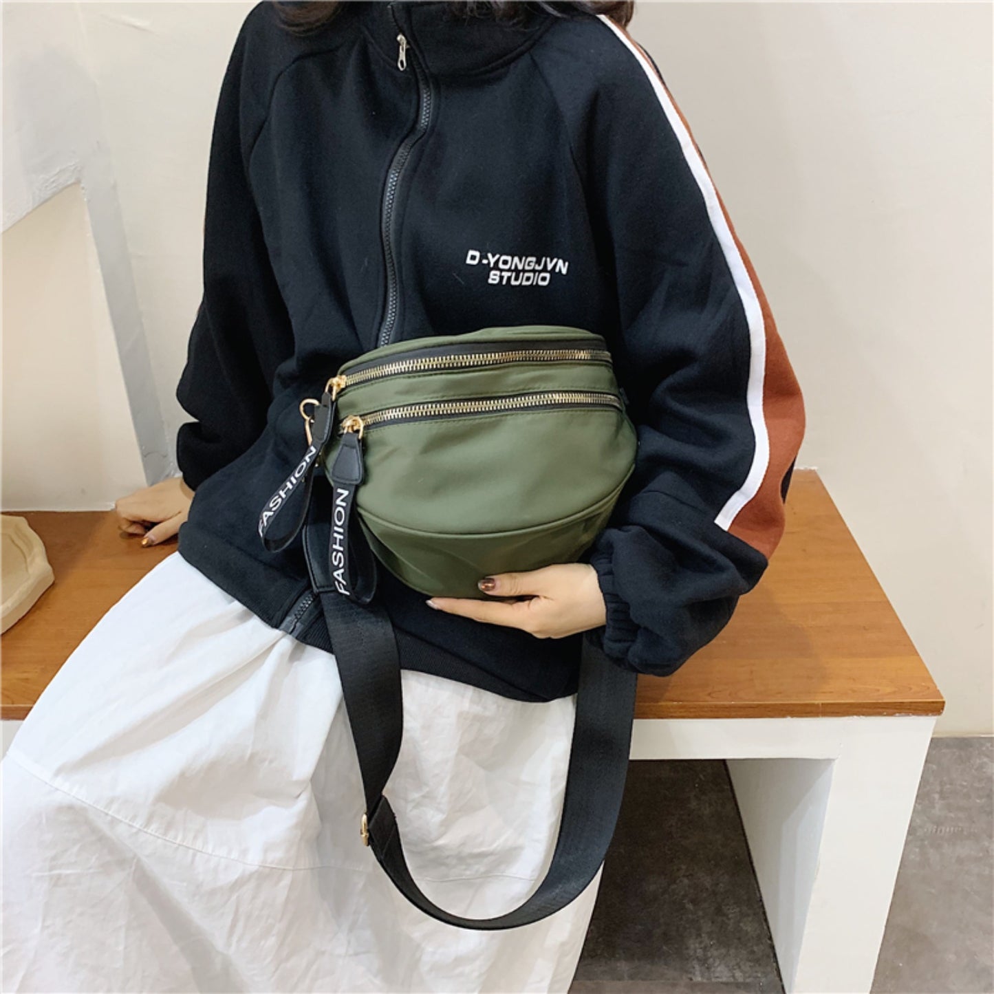 Double Zip Nylon Crossbody Bag 