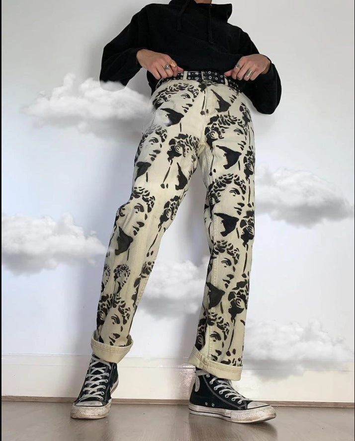 Men's Pants Loose Polished White Washed Straight Tie Dye Denim Trousers