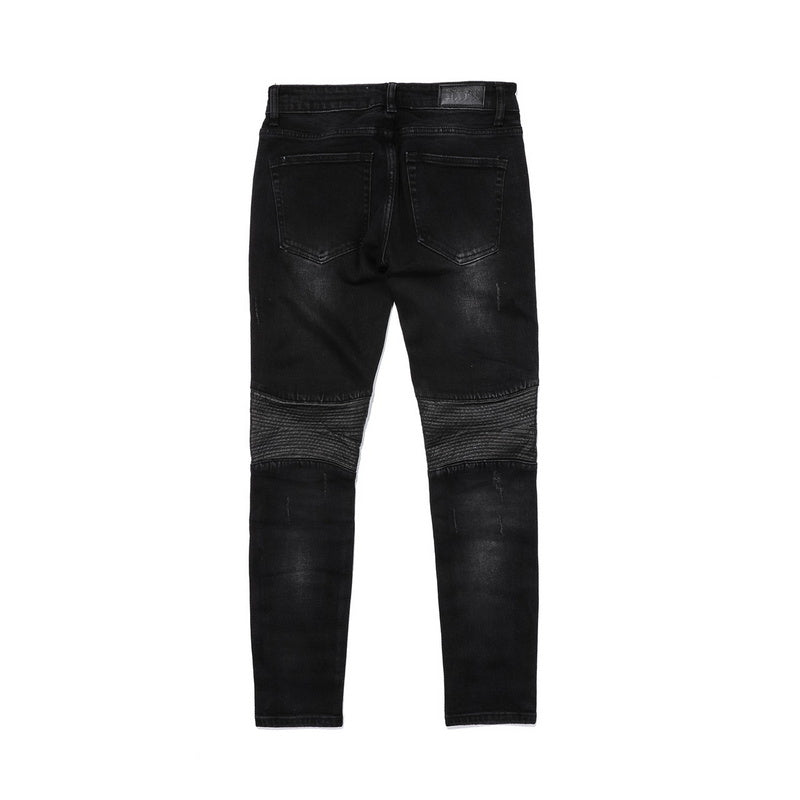 High Street Style Leather Patch Zipper Motorcycle Small Feet Slim Stretch Jeans