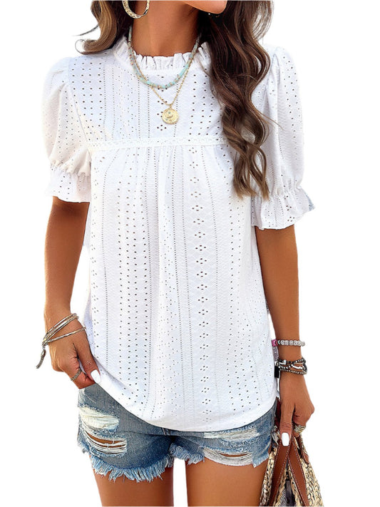 Eyelet Mock Neck Flounce Sleeve Blouse 