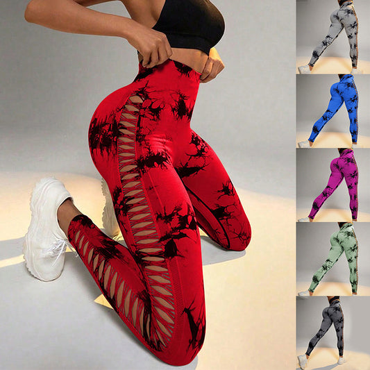 Hollow Tie Dye Printed Yoga Pants High Waist Butt Lift Seamless Sports Gym Fitness Leggings Slim Pants For Women Tight Trousers 