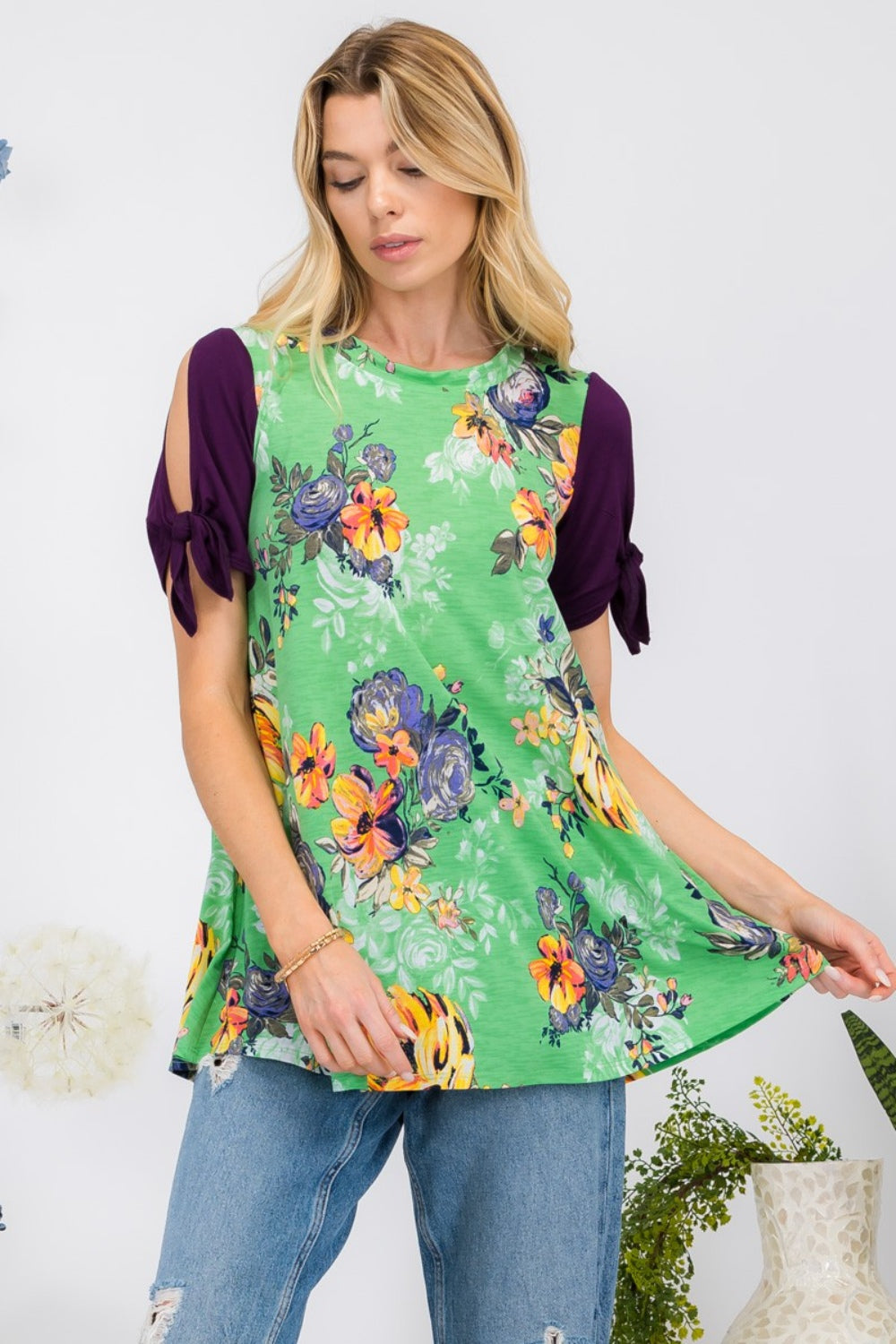 Celeste Full Size Open Tie Sleeve Round Neck Floral Blouse 