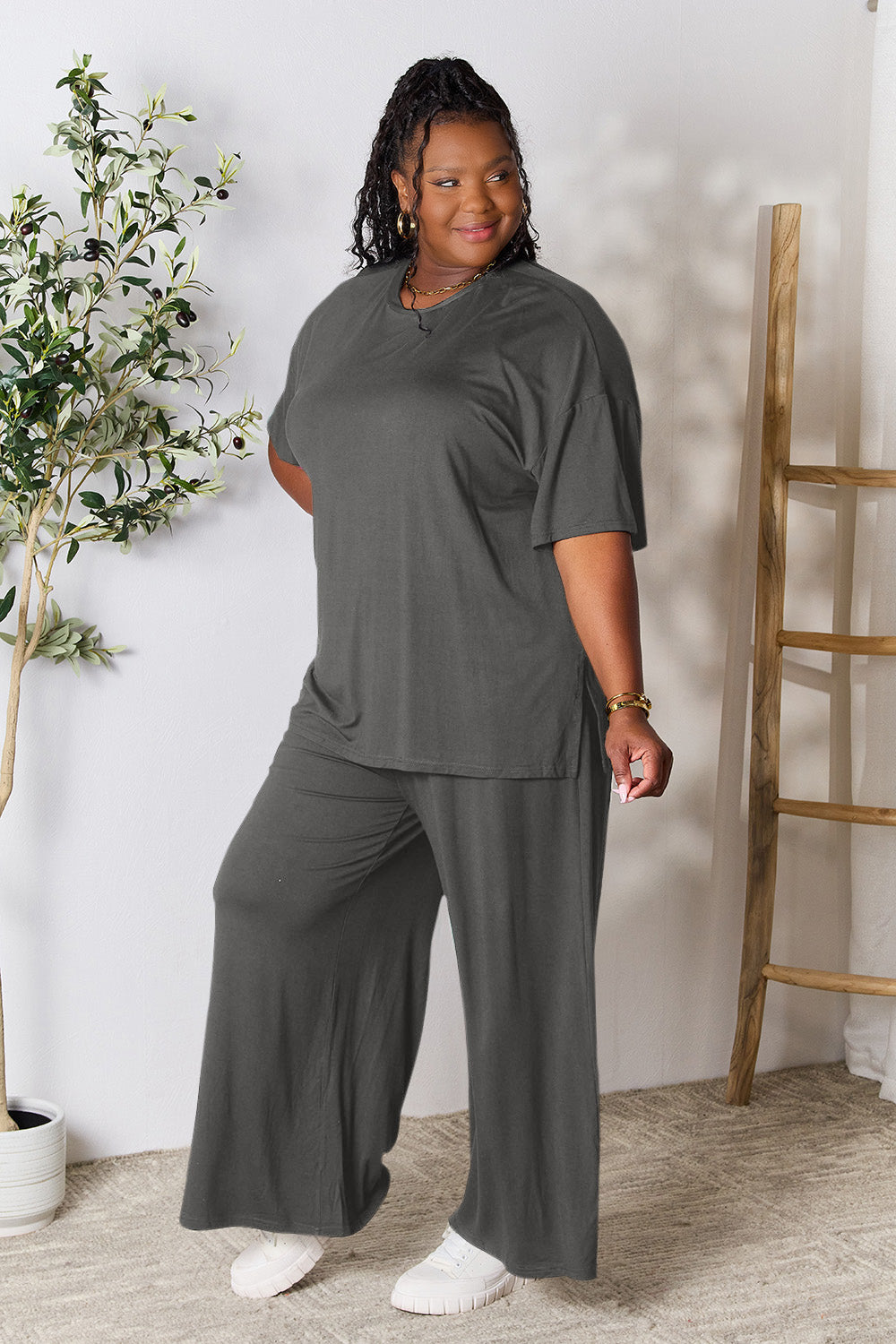 Double Take Full Size Round Neck Slit Top and Pants Set - Babbazon