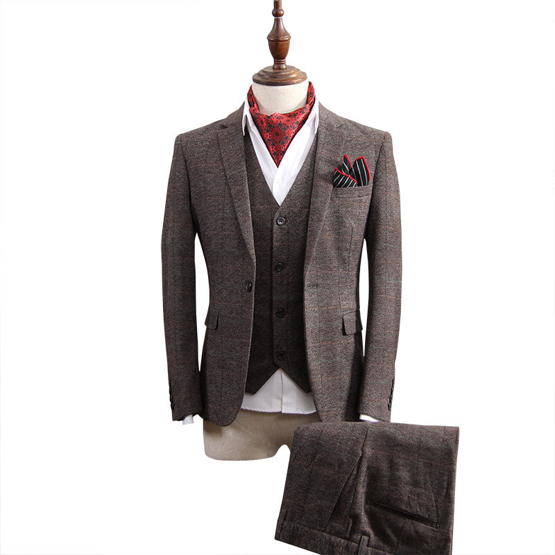 Retro British Suit Men's Three-piece Slim Plaid 